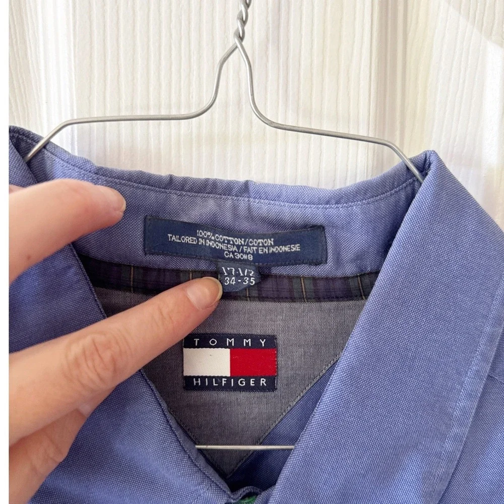 Tommy Hilfiger Mens Blue Oxford Button Down Shirt Crest Logo 17.5 34-35 XL